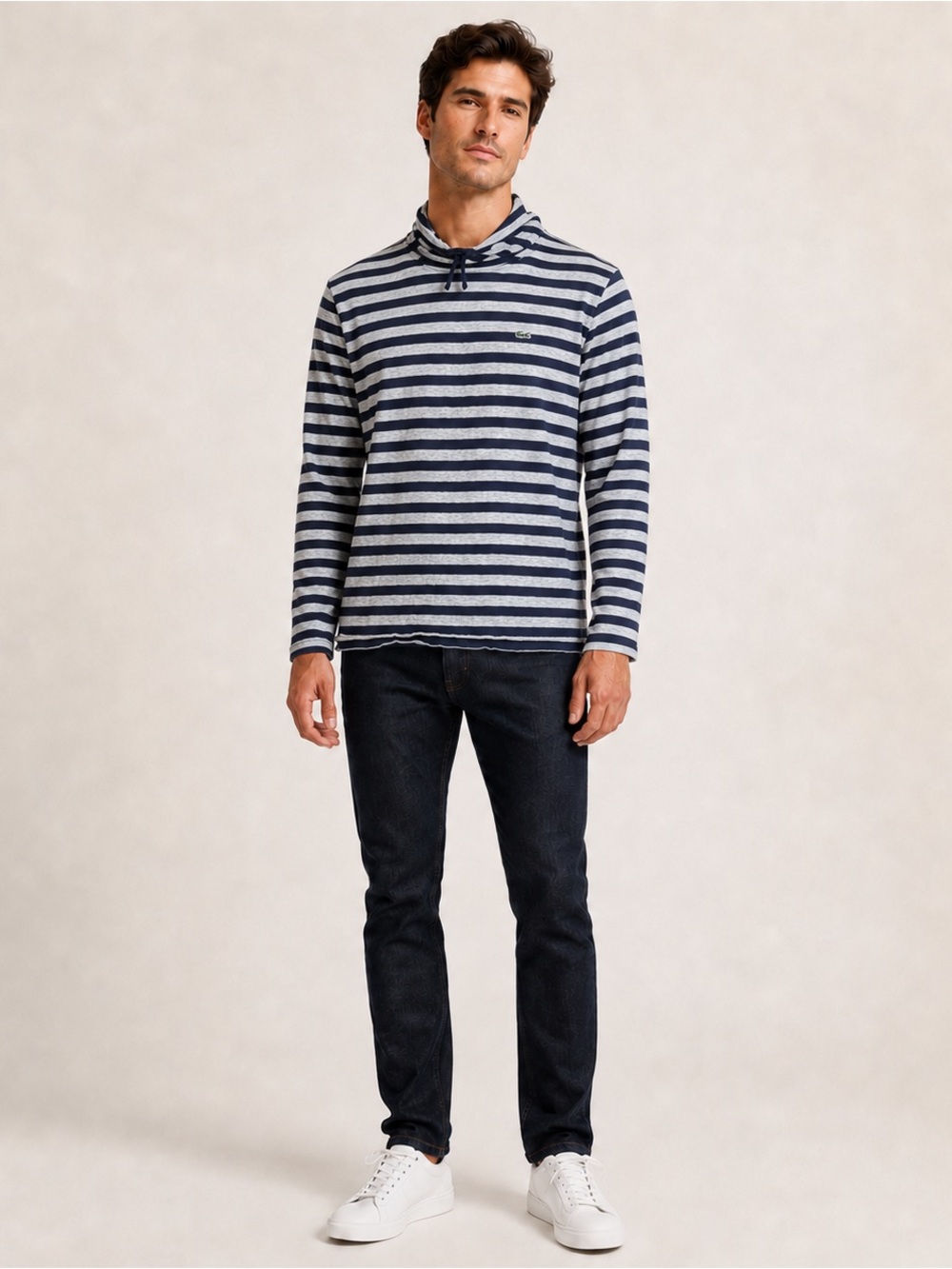 Lacoste Men’s Size 7 XL Navy Gray Stripe Cotton Hooded Long Sleeve Shirt France